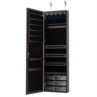 Costway Brown Wall Door Mounted Led Mirror Jewelry Cabinet Armoire Organizer W 6 Drawers