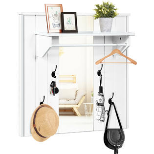 Costway White Wall Mounted Mirror Coat Hat Rack Storage Shelf W 4