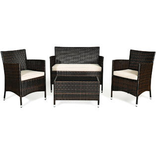 Costway Hw63214 4pcs Rattan Patio Furniture Set Cushioned Sofa Chair Coffee Table Garden