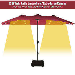 Costway Op70085wn Burgundy 15ft Patio Double Sided Solar Led Market Umbrella Crank 36 Lights Base