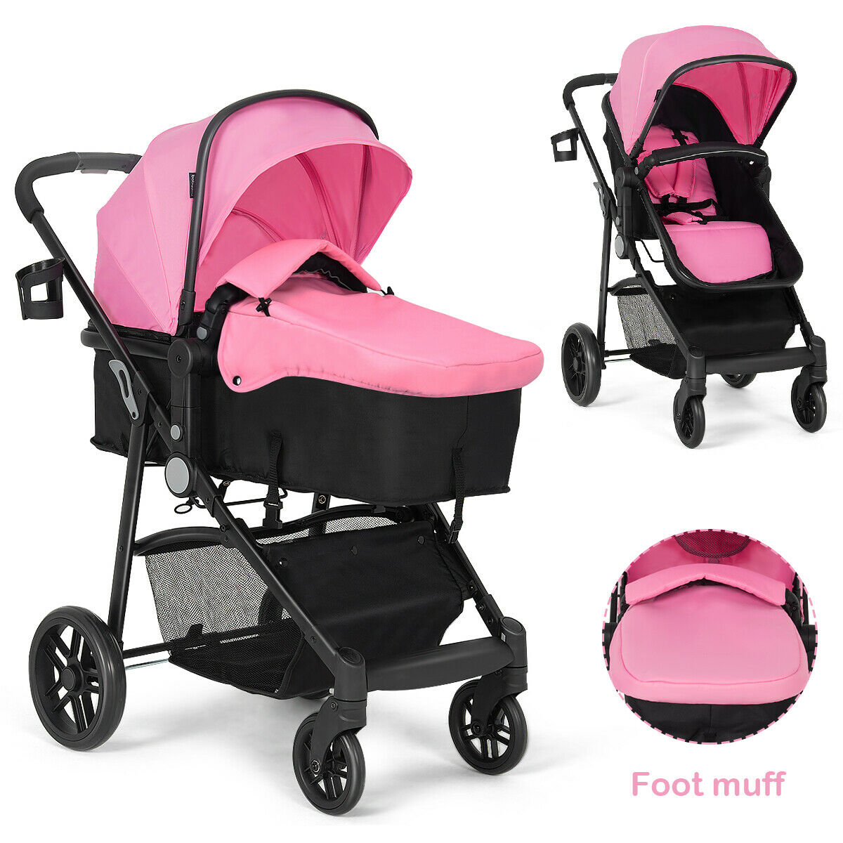 Goplus 2 In1 Foldable Baby Stroller Kids Travel Newborn Infant Buggy  Pushchair Pink