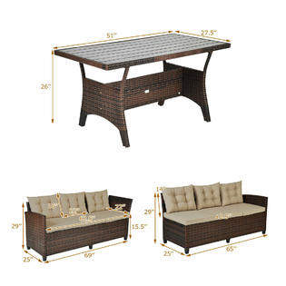 Costway Hw65982 3pcs Rattan Dining Set Patio Furniture 6 Seats Sofa Cushioned Garden Yard New
