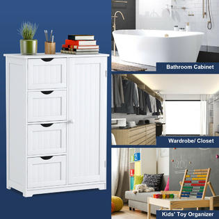 Costway Wooden 4 Drawer Bathroom Floor Cabinet Storage Cupboard 2 Shelves Free Standing