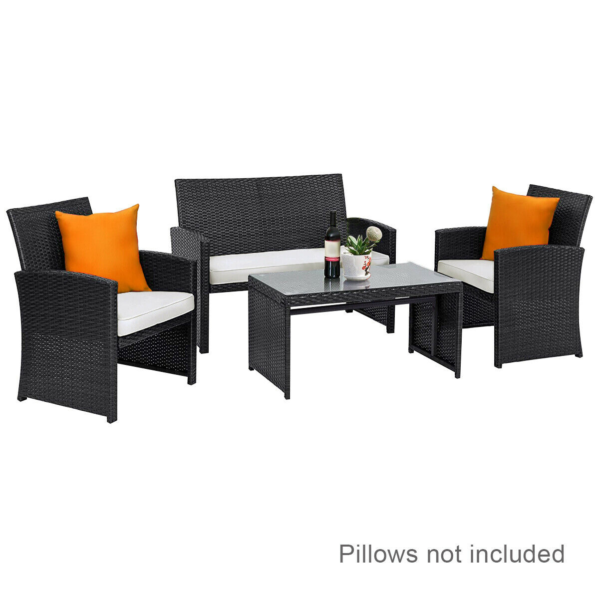 Costway Hw63239wh 4pcs Cushioned Sofa Table Patio Rattan Furniture Conversation Set Garden Black