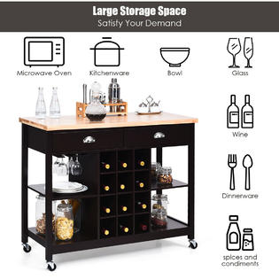 Costway Rolling Kitchen Island Bar Storage Serving Cart With Drawers and  Wine Rack