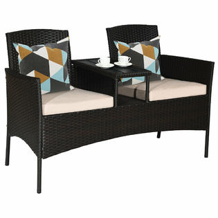 Costway Hw63233 Mix Brown Patio Rattan Conversation Set Loveseat Sofa Cushioned Coffee Table Outdoor Patio Furniture