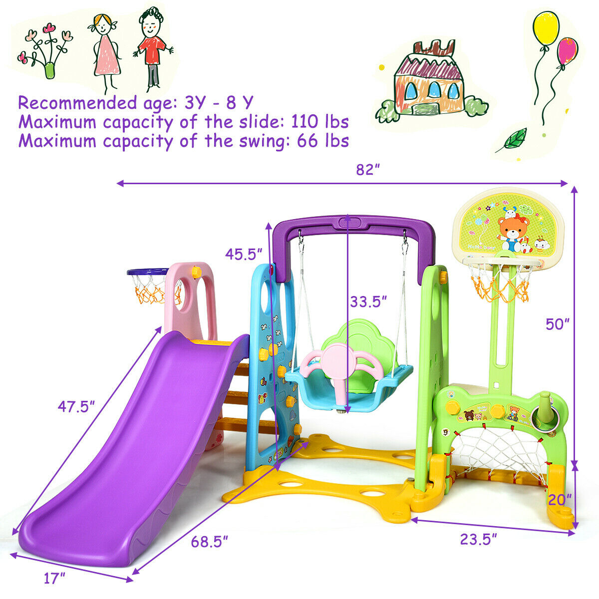 costway 3 in 1 junior children climber slide swing seat basketball hoop playset backyard
