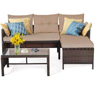 Costway Hw63870 3pcs Patio Wicker Rattan Sofa Set Outdoor Furniture Sectional Conversation Set Garden Lawn