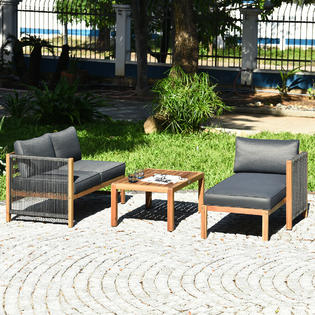 Costway Hw63869 3pcs Patio Acacia Wood Sofa Furniture Set Thick Cushion W Nylon Rope Armrest New