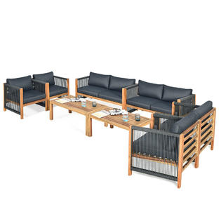 Costway 2hw63868gr 8pcs Acacia Wood Outdoor Cushioned Sofa Patio Furniture Set W Nylon Rope Armrest