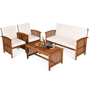 Costway Hw63970wh 4pcs Patio Solid Wood Furniture Set Conversation Coffee Table W White Cushion