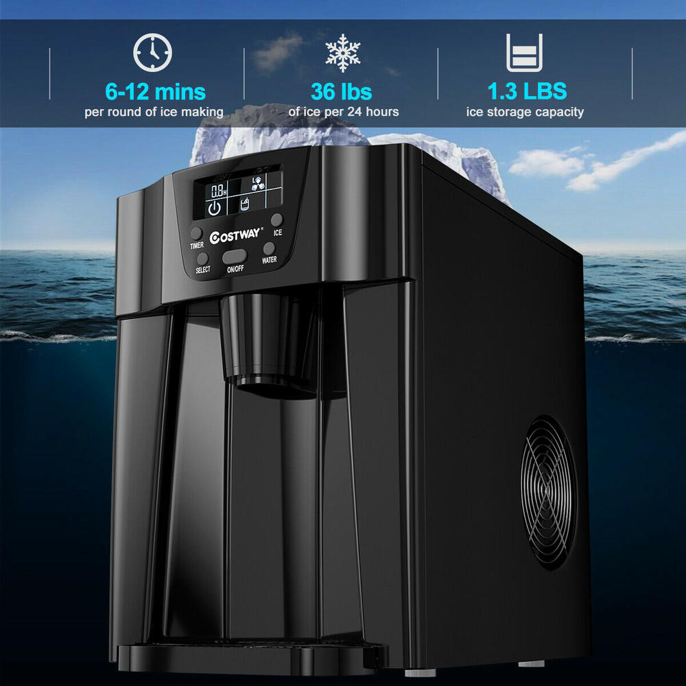 Costway Black 2 In 1 Ice Maker Water Dispenser Countertop 36Lbs/24H LCD Display Portable