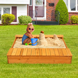 Costway Kids Cedar Sandbox W Canopy Bench Seats Children