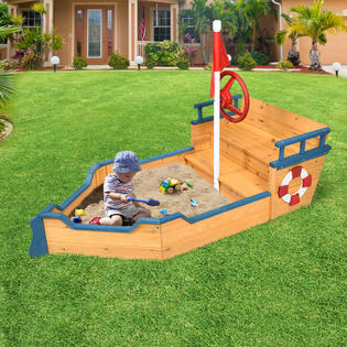 Costway Kids Pirate Boat Wood Sandbox w/ Bench Seat & Flag ...
