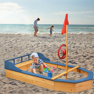 Costway Kids Pirate Boat Wood Sandbox w/ Bench Seat &amp; Flag 