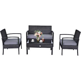 Costway Hw63755 4pcs Outdoor Patio Rattan Furniture Set Cushioned Sofa Coffee Table Garden Deck