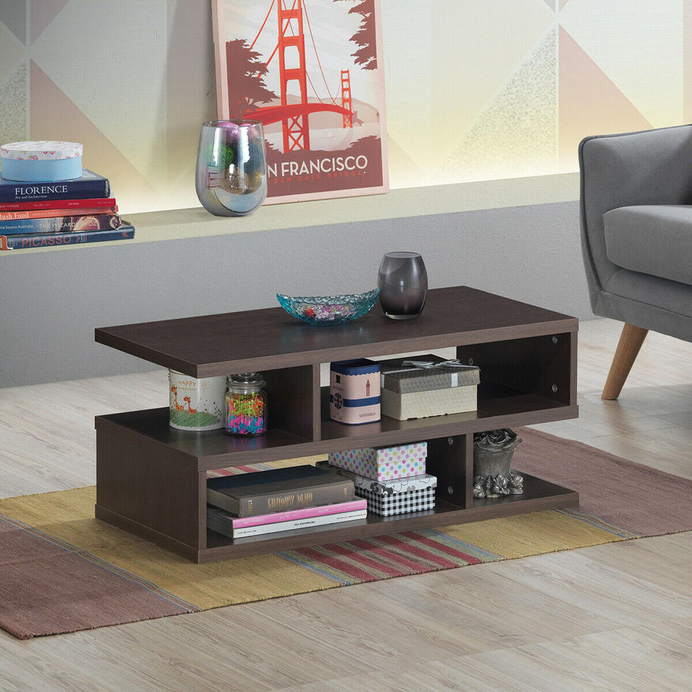 Costway Rectangular Coffee Accent Cocktail Table Modern with Storage Open Shelves Home