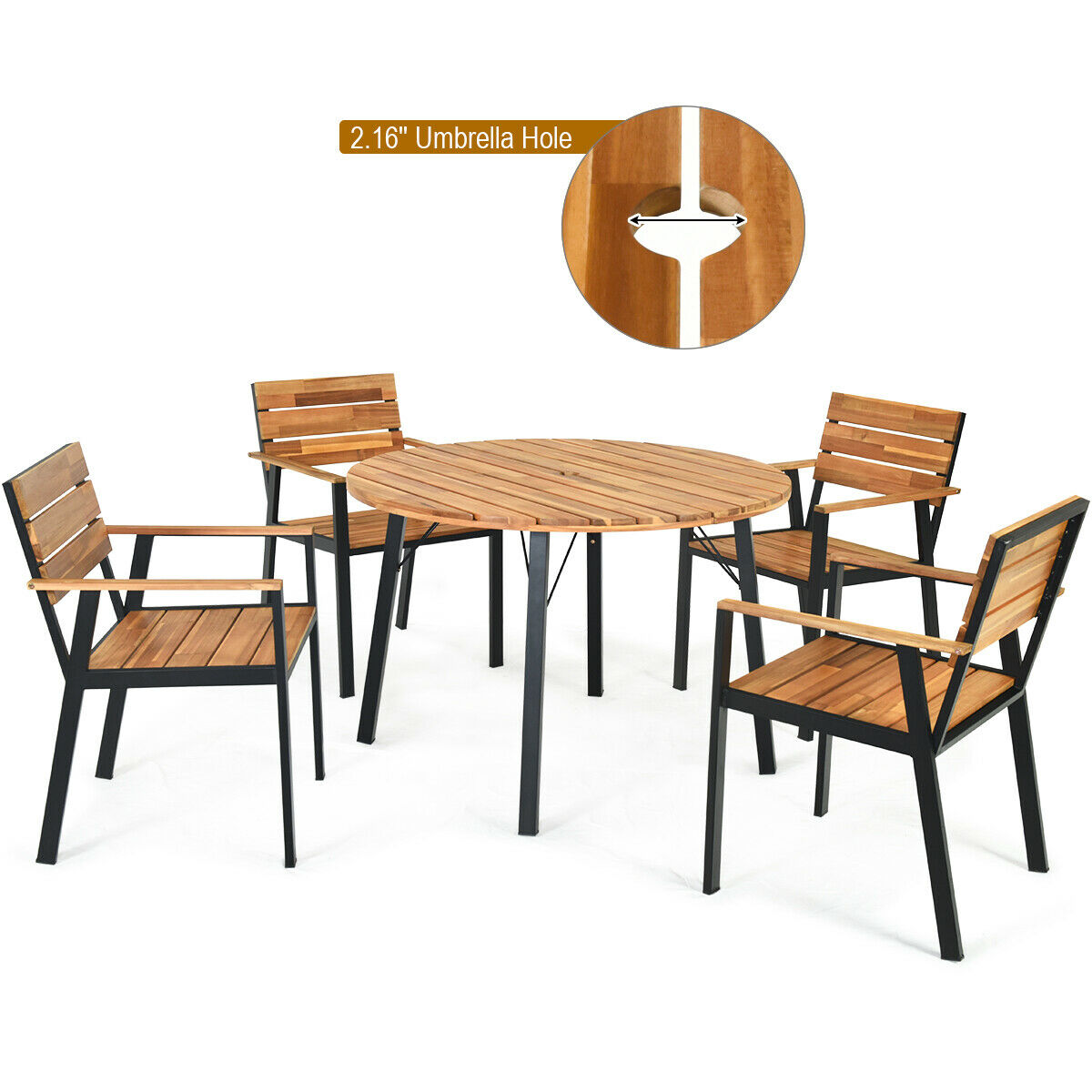 Costway Hw65221 5pcs Patio Dining Chair, Round Patio Table With Umbrella Hole Set