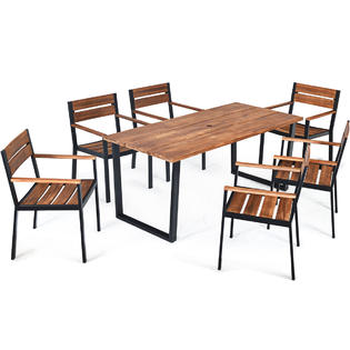 Costway Hw65220 7pcs Outdoor Patio Dining Chair Table Set Acacia Wood Backyard W Umbrella Hole