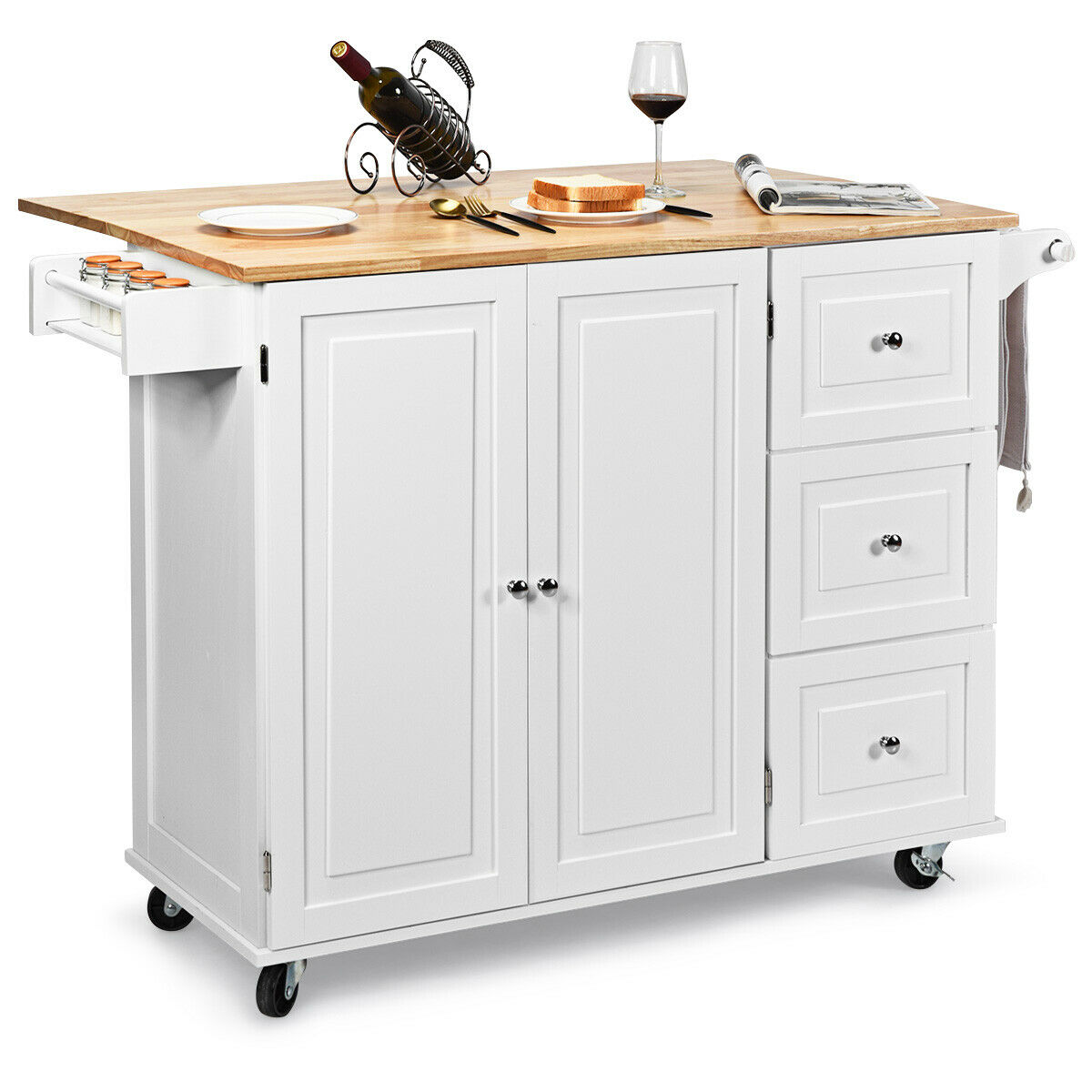 Costway Drop Leaf Kitchen Island Trolley Cart Wood Storage Cabinet W Spice Rack White