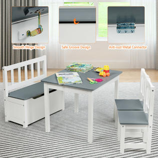 4 Pcs Kids Wood Table Chairs Set, Toddler Wooden Table And Chairs With Storage