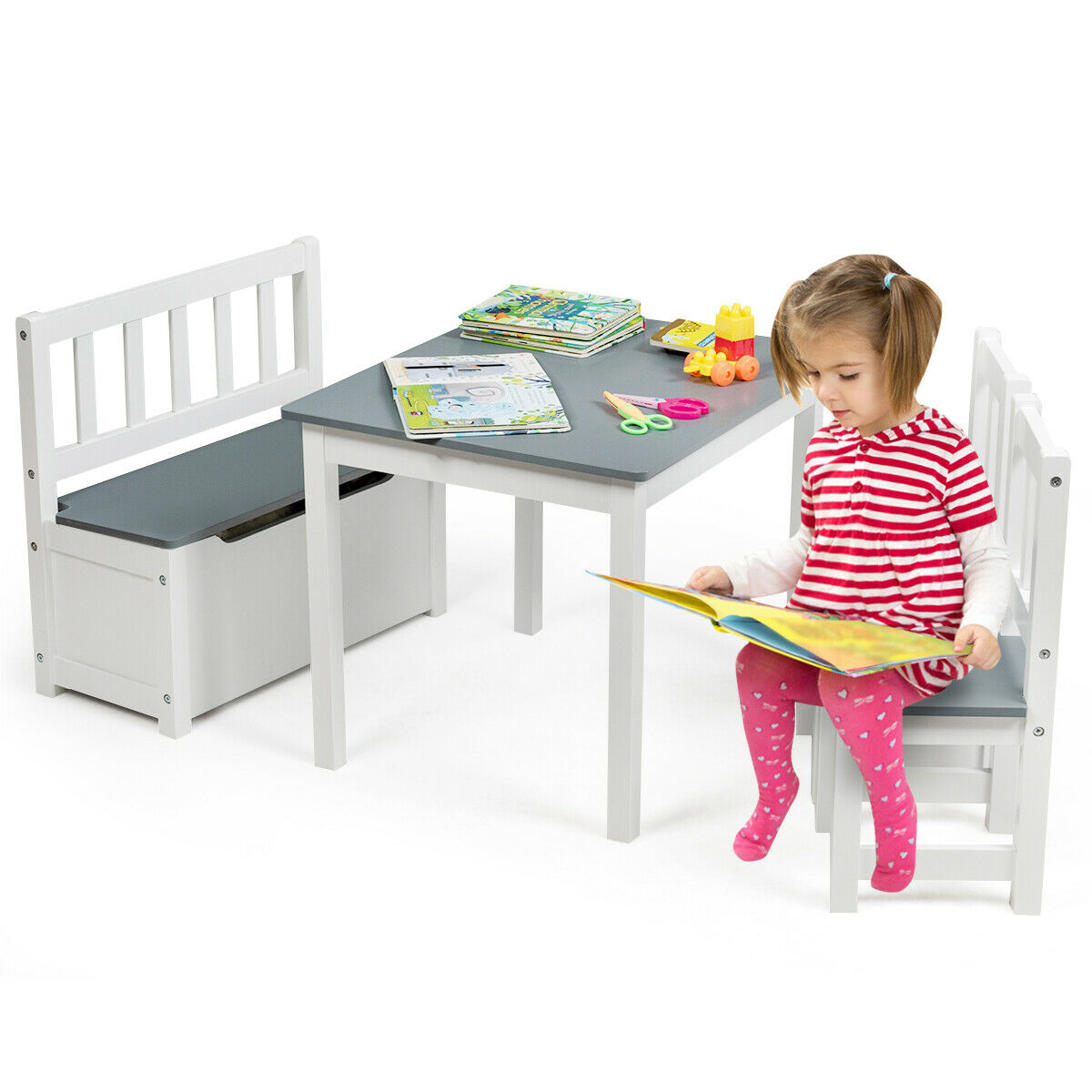 childrens wooden table and chairs with storage