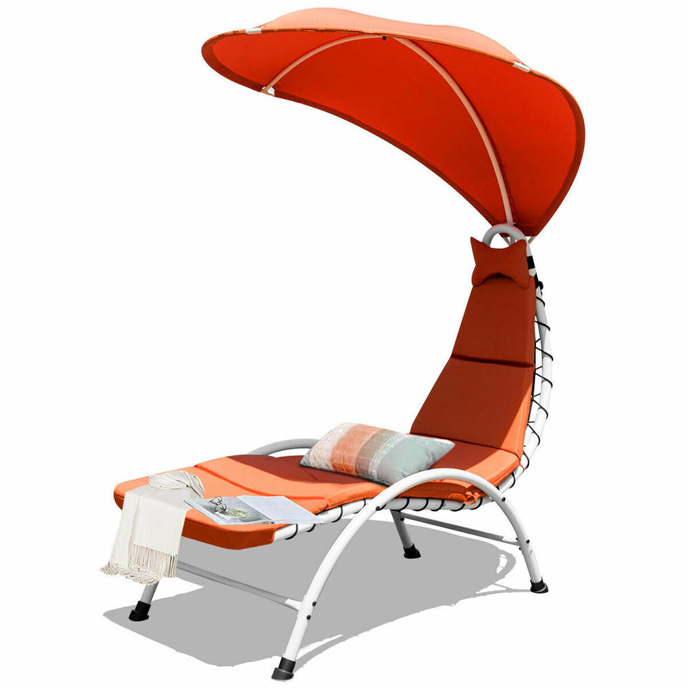 Costway Patio Hanging Chaise Lounger Chair Swing Hammock Cushion W/Canopy Orange