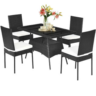 Goplus Hw64309 5pcs Patio Rattan Dining Set Cushioned Chair Table W Glass Top Garden Furniture