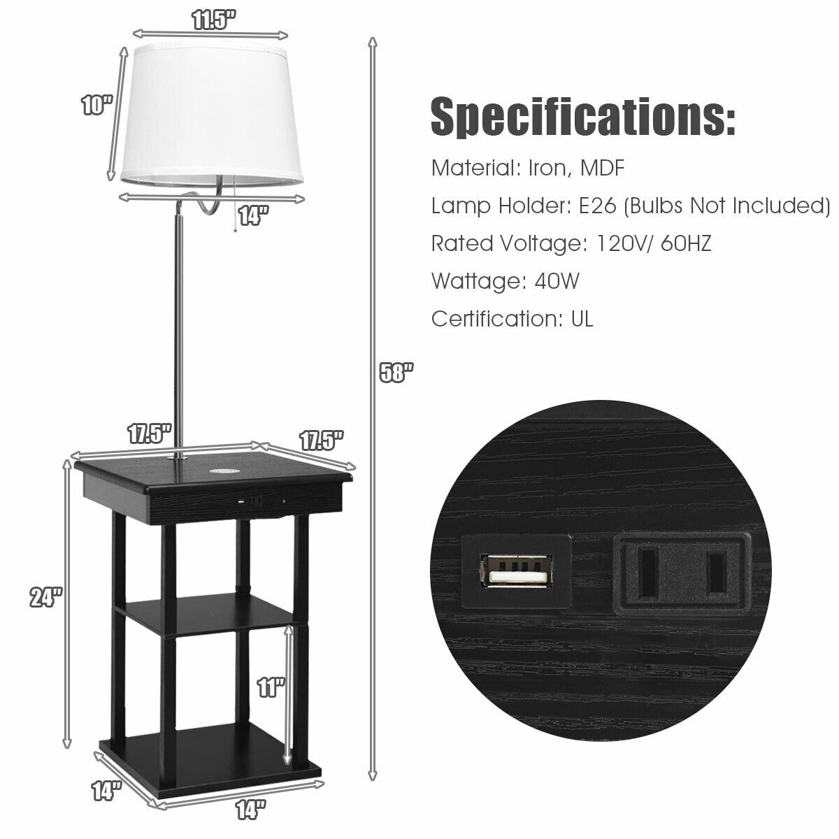 Costway Floor Lamp End Table Modern, End Table With Lamp Attached And Usb Port