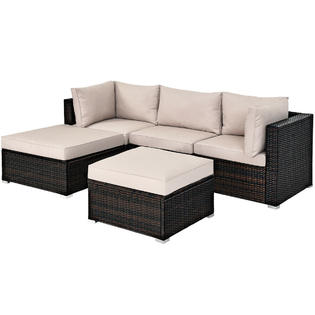 Costway Hw63848bn 5pcs Patio Rattan Furniture Set Sectional Conversation Set Ottoman Table Beige
