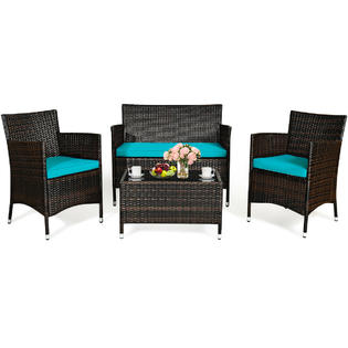 Costway Hw63214tu 4pcs Rattan Patio Furniture Set Cushioned Sofa Chair Coffee Tableturquoise