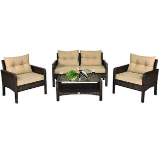 Costway Hw66461bn 4pcs Patio Rattan Furniture Set Loveseat Sofa Coffee Table Garden W Cushion