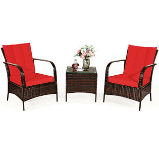 Goplus Hw65850re 3 Pcs Patio Rattan Furniture Set Coffee Table 2 Rattan Chair W Red Cushions