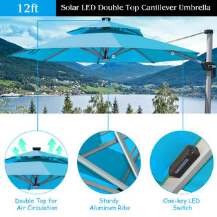 Costway Op70376nyop70230 10ft Solar Led Patio Offset Umbrella 360 Rotation Aluminum Usb Turquoise W Base