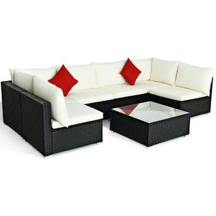 Costway Hw64273be 7pcs Patio Rattan Sofa Set Sectional Conversation Furniture Set Garden Beige