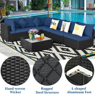 Costway Hw66524ny 7pcs Patio Rattan Sofa Set Sectional Conversation Furniture Set Garden Navy