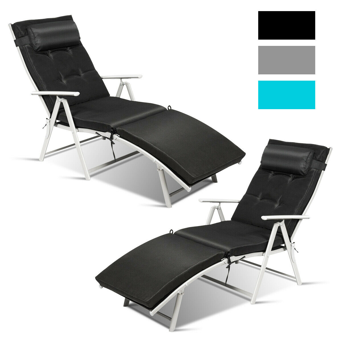 Outdoor Folding Chaise Lounge Chair Lightweight Recliner w/Cushion Black