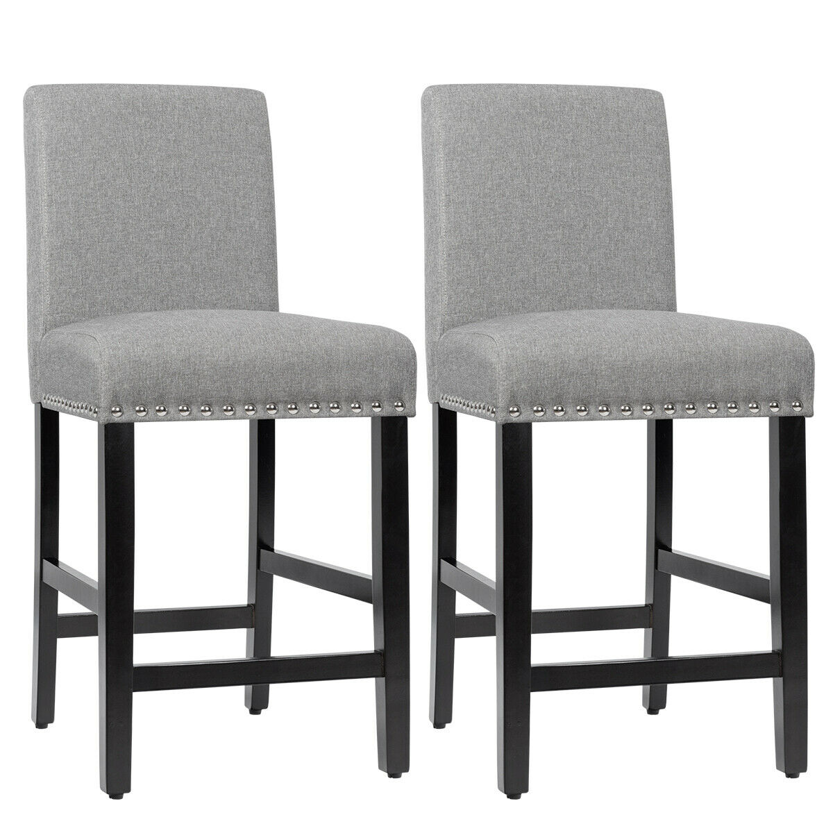 Costway Set of 2 Counter Stools 25'' Kitchen Breakfast Chairs Nailhead Bar  Stools Gray