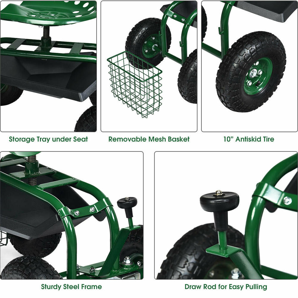 Costway Garden Cart Patio Wagon Rolling Work Seat w/ Tool Tray Basket Planting Green