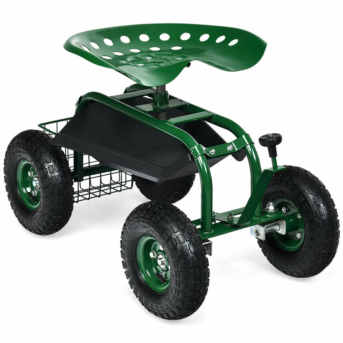 Costway Garden Cart Patio Wagon Rolling Work Seat w/ Tool Tray Basket Planting Green