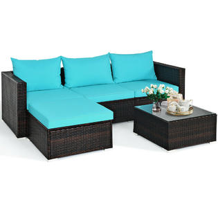 Costway Hw64286tu 5pcs Patio Furniture Set Sectional Conversation Sofa Set W Coffee Table Blue