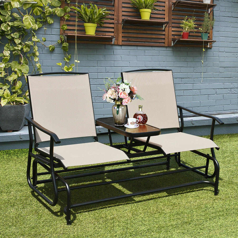 Costway 2 Person Outdoor Patio Double Glider Chair Loveseat Rocking with Center Table