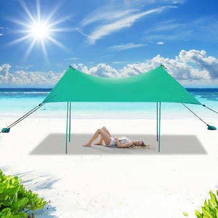 Costway Family Beach Tent Canopy Sunshade w/ 4 Poles Sandbag Anchors 10