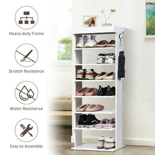 Costway 7 Tier Shoe Rack Vertical Design Wooden Shoe Storage Shelf W Hooks White