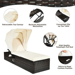 Costway Hw65958wh Patio Rattan Lounge Chair Chaise Cushioned Top Canopy Adjustable W Tea Table
