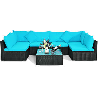 Costway Hw64273tu 7pcs Patio Rattan Sofa Set Sectional Conversation Furniture Set Garden Blue