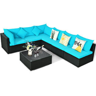Costway Hw64273tu 7pcs Patio Rattan Sofa Set Sectional Conversation Furniture Set Garden Blue