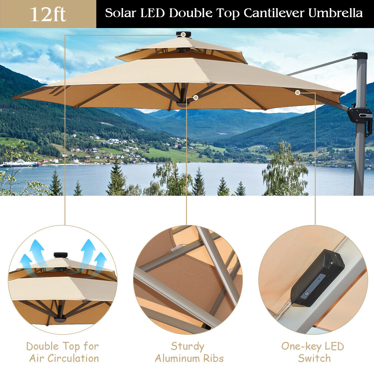 Costway Op70376be 10ft Solar Led Patio Cantilever Umbrella 360 Rotation Aluminum Beige W Usb