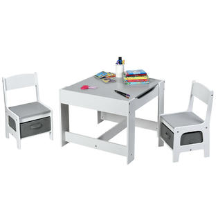 Costway Kids Table Chairs Set W Storage Boxes Blackboard Whiteboard Drawing Home Grey