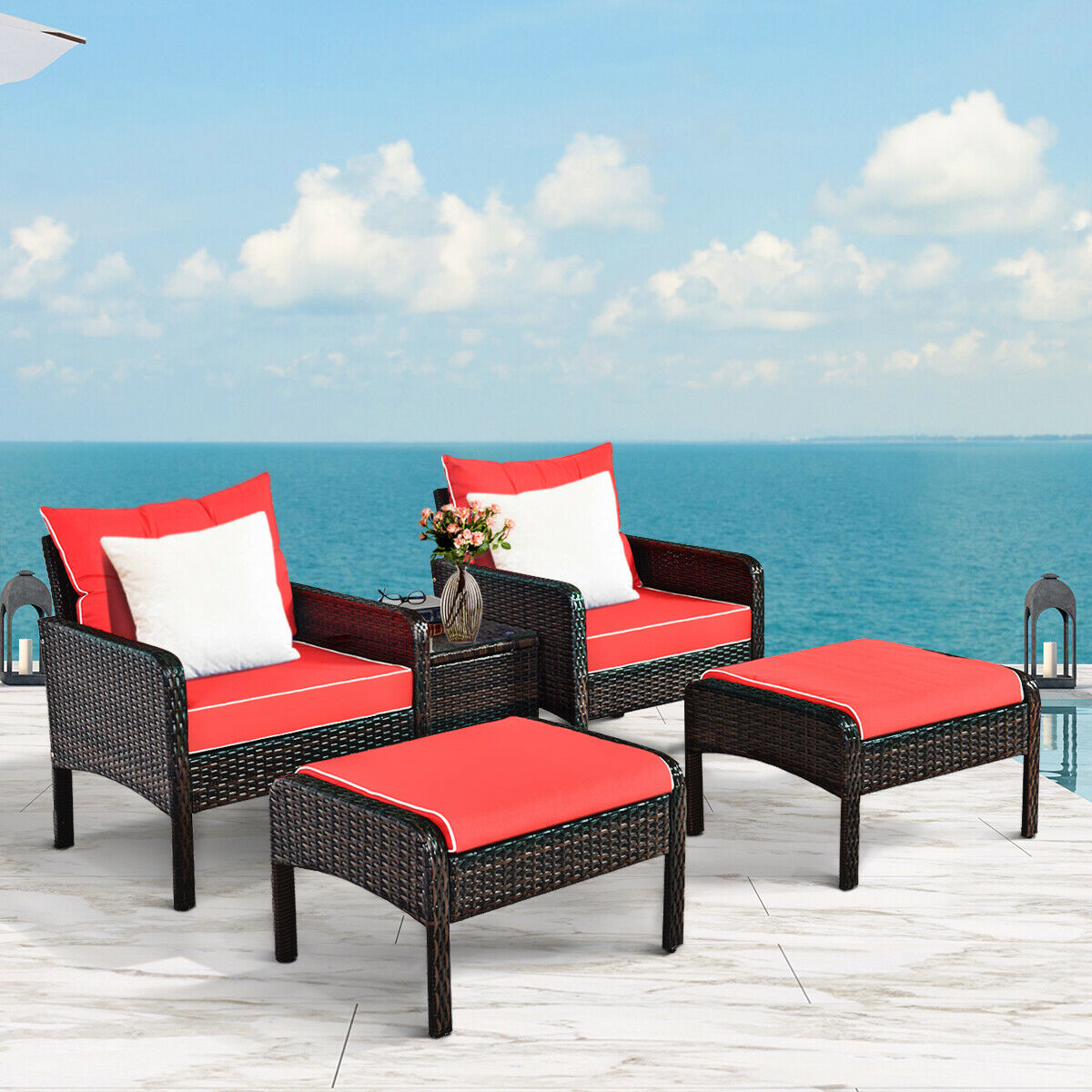 Costway HW63771RE 5 PCS Patio Rattan Furniture Set Sofa Ottoman Table